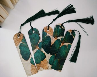 Ginkgo Leaf Wooden Bookmark with Tassel, Botanical Decoupage Nature Gift