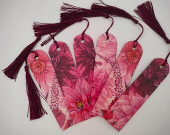 Handmade Pink Floral Wooden Bookmark with Tassel, Decoupage Dahlia Art