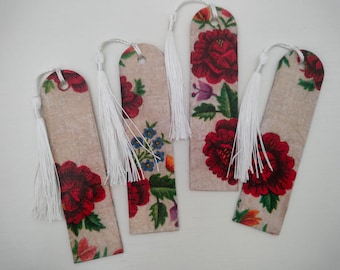 Vintage Red Floral Wooden Bookmark, Decoupage Poppy Tassel, Folk Art Book Lover Gift
