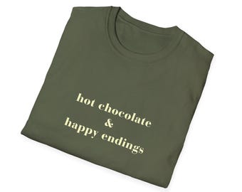 Hot Chocolate & Happy Endings Shirt, Cozy Christmas Movie Tee, Holiday Romance Shirt, Christmas in July Graphic Tee