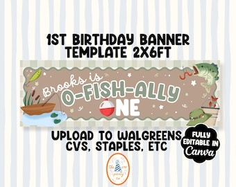 Editable OFishally One Banner Template – Personalized Fishing First Birthday Decor (Digital Download), 2x6 ft
