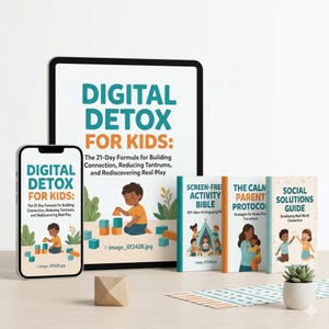 Op de afbeelding: Een set boeken en digitale apparaten die een digitale detox voor kinderen promoten. De hoofdtitel is "Digital Detox for Kids". Andere boektitels zijn "Screen-Free Activity Bible" en "The Calm Parent Protocol". De afbeelding bevat ook een smartphone en een tablet.