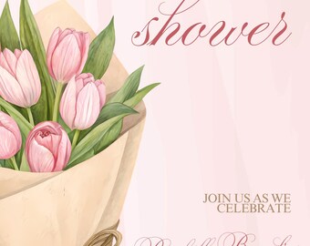 Plantilla de invitación para despedida de soltera con tulipanes rosas, diseño floral elegante (descarga digital)