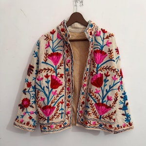 Handcrafted Ivory Floral Embroidered Jacket | Artisan Boho Folk Art Coat