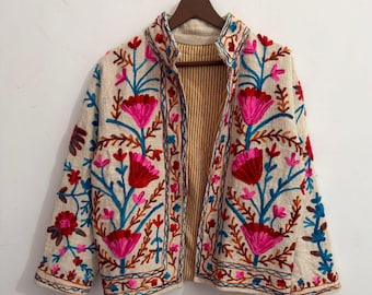 Handcrafted Ivory Floral Embroidered Jacket | Artisan Boho Folk Art Coat