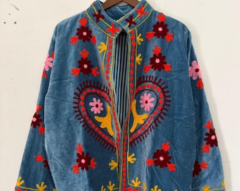Sky Blue Velvet Jacket, Heart Embroidery Coat| Suzani Embroidered Velvet Short Jacket | Vintage Suzani Outerwear | Duster bomber coat