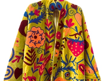 Embroidered Yellow Velvet Jacket, Colorful Floral Folk Art Coat, Boho Statement Jacket, Handmade Embroidered Outerwear