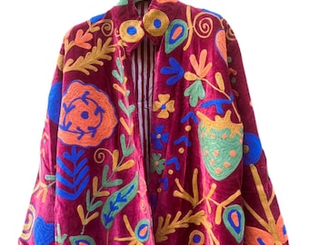 Hand Embroidered Velvet Jacket, Colorful Boho Coat, Floral Folk Art Embroidery, Burgundy Velvet Long Jacket, Statement Ethnic Outerwear