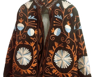Embroidered Black Velvet Jacket, Floral Folk Art Coat, Hand Embroidered Boho Jacket, Botanical Embroidery, Statement Outerwear