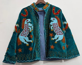 Velvet Suzani Jacket Folk Art Hourse Coat Handmade Floral Coat Vintage Inspired Outerwear Festival Cottagecore Jacket Womens Statement Piece