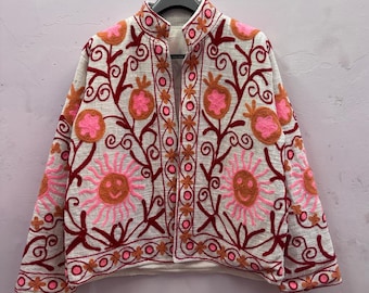 Hand Embroidered Sunburst Suzani Jacket | Boho cotton coat with pockets