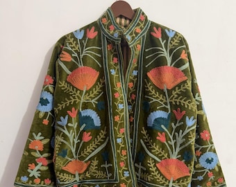 Floral Jacket Coat New Woman Wear Gift For Her Velvet Jacket Embroidery