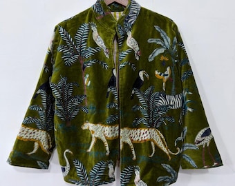 Green Jungle Printed Velvet Jacket | Vintage Botanical Print | Boho Ethnic Lightweight Outerwear