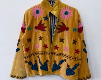 Unique Velvet Floral Embroidered Outerwear Jacket, Handmade Coat, Women's wear, Heart embroidery Coat