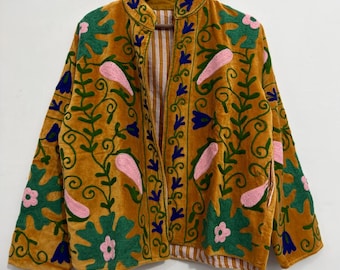 Soft Velvet Suzani Winter Short Jacket | Winter Handmade Jacket | Embroidered Jacket Coat | Velvet Jacket | Suzani Coat, Robe | One size