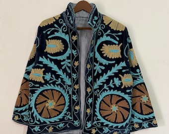 Blue Embroidered Suzani Velvet Jacket, Indian Unique Suzani Coat, Bridesmaid Gift, Winter Jacket, Women's Coat, Suzani Jacket Gift For Her