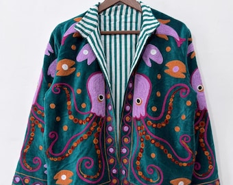Vintage velvet jacket with octopus embroidery, embroidered boho jacket, maritime art jacket, colorful statement jacket, unique gift