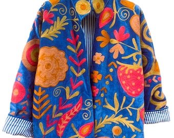 Blue Velvet Jacket, Colorful Floral Folk Art Coat, Boho Statement Jacket, Handmade Embroidered Outerwear