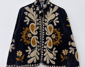Elegant Black Velvet Hand-Embroidered Kashmiri Jacket with Traditional Floral & Paisley Motifs