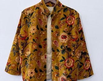 Yellow Velvet Flower Printed Jacket, Boho Ethnic Lightweight Outerwear