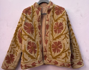 Textured Floral Jacket | Hand-Embroidered Earth Tone Coat | Artisan Bohemian Outerwear Jaipur