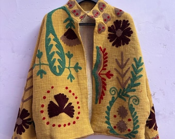 LOVE Motif Embroidered Jacket, Hand-Stitched Beige Cotton Coat, Jaipur , Gift For her