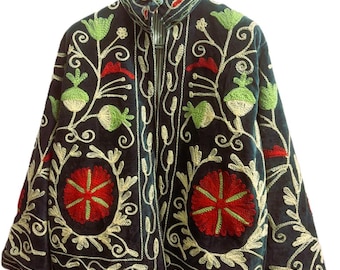 Midnight Garden Embroidered Velvet Jacket | Handcrafted Floral Folk Art Coat | Boho statement outerwear