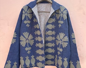 Blue Indigo Pomegranate Jacket | Hand Embroidered Indian Cotton Coat | Boho Artisan Layers