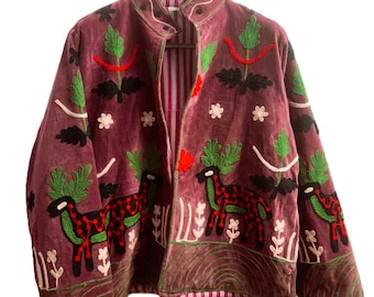 Embroidered Burgundy Velvet Jacket, Peacock Folk Art Coat, Floral Embroidery, Boho Statement Jacket, Handmade Velvet Outerwear