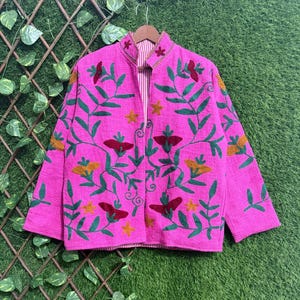 Suzani Short TNT Floral Jacket, Embroidery Bomber Coat, Duster Boho TNT Jacket New Style, Gift For Wife, Bomber Jacket, Spring Coat,