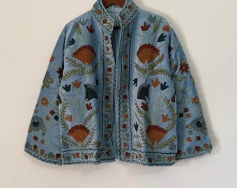 Sky Blue Embroidered Suzani Velvet Jacket, Indian Unique Suzani Coat, Bridesmaid Gift, Winter Jacket, Women's Coat, Gift For Her