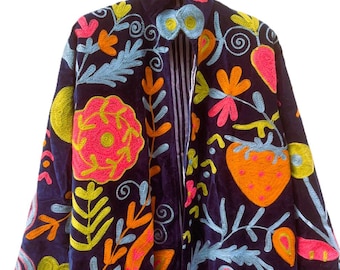 Velvet Jacket, Colorful Floral Folk Art Coat, Boho Statement Jacket, Handmade Embroidered Outerwear