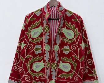 Deep Red Velvet Jacket with Elegant Paisley Embroidery