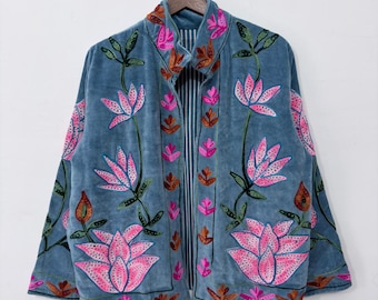 Embroidered Velvet Jacket for Women | Boho Floral Lotus Jacket | Handmade Ethnic Hippie Coat | Colorful Vintage Jacket | Art Wear