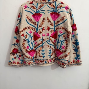 Handcrafted Ivory Floral Embroidered Jacket | Artisan Boho Folk Art Coat image 6