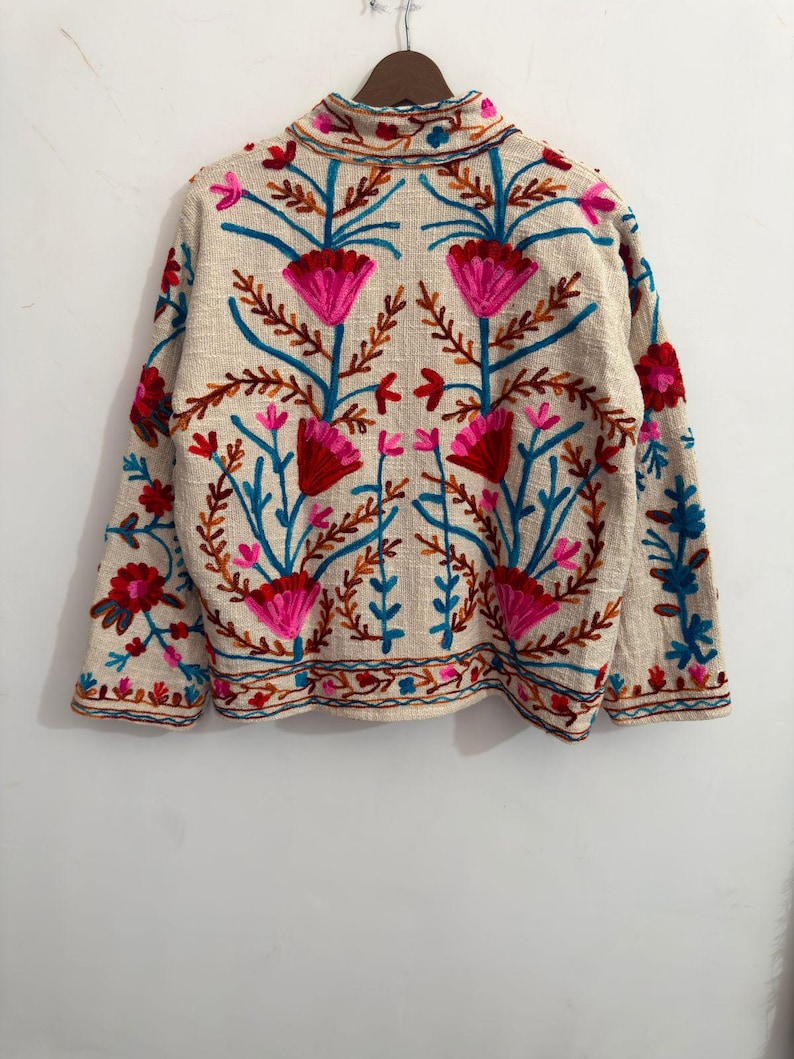 Handcrafted Ivory Floral Embroidered Jacket | Artisan Boho Folk Art Coat image 6