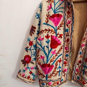 Handcrafted Ivory Floral Embroidered Jacket | Artisan Boho Folk Art Coat image 2
