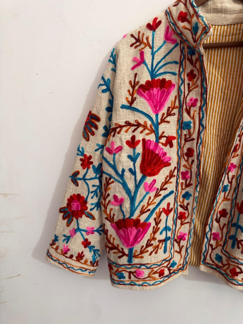 Handcrafted Ivory Floral Embroidered Jacket | Artisan Boho Folk Art Coat image 2