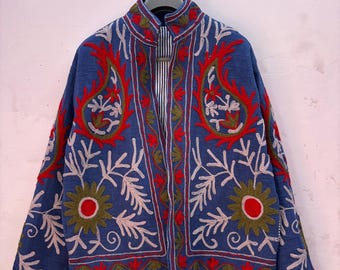 Blue Hand-Embroidered Kashmiri Crewel Jacket with Floral Vine Motifs