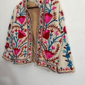 Handcrafted Ivory Floral Embroidered Jacket | Artisan Boho Folk Art Coat image 8