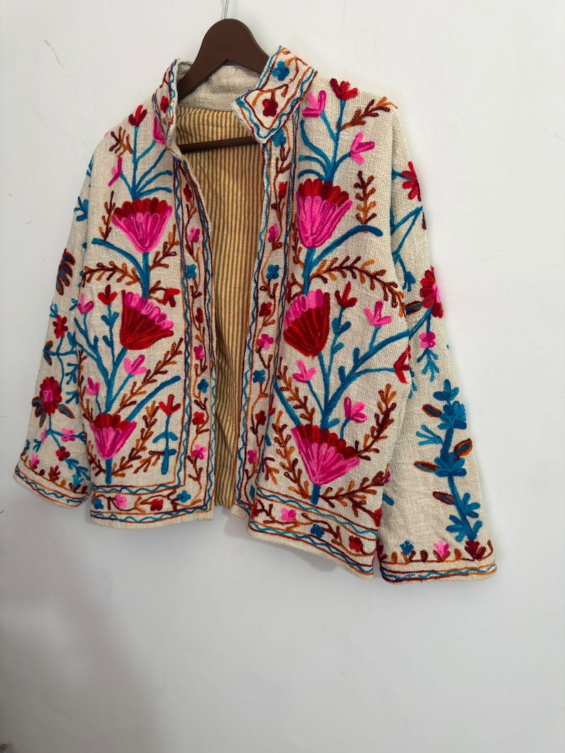 Handcrafted Ivory Floral Embroidered Jacket | Artisan Boho Folk Art Coat image 8