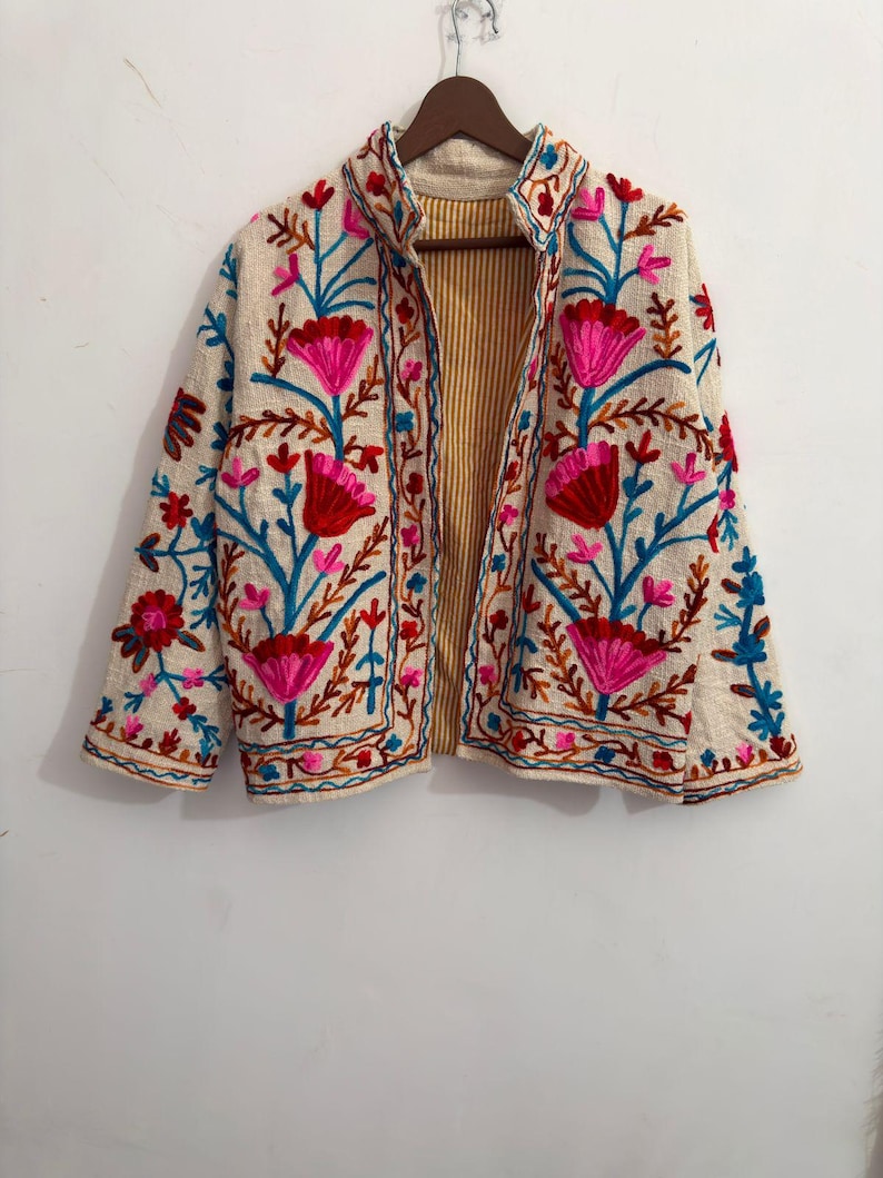 Handcrafted Ivory Floral Embroidered Jacket | Artisan Boho Folk Art Coat image 1