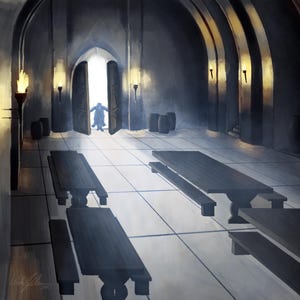May include: A digital illustration of a stone hall featuring long wooden tables and benches arranged in rows. The room is illuminated by wall-mounted torches, with a bright light streaming through an open arched doorway at the far end.
