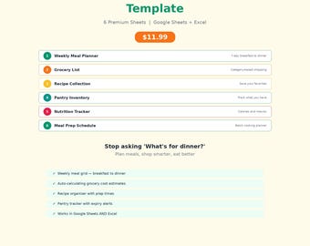 Planificador de comidas, hoja de cálculo, lista de la compra, organizador de recetas, control de despensa, menú semanal, Google Sheets, Excel