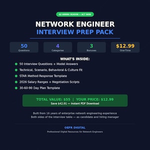 Paquete de preparación para entrevistas de ingeniero de redes / 50 preguntas, método STAR, guía salarial (descarga digital)
