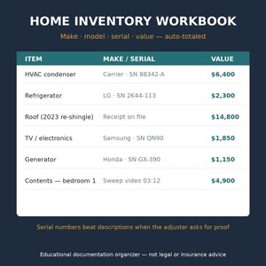 Kit di documentazione per la richiesta di risarcimento danni da uragano: Cartella di lavoro per l'inventario domestico, lista di controllo per foto e video, strumento di monitoraggio della franchigia e delle scadenze, download digitale immediato. immagine 5