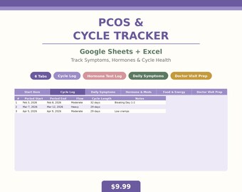 PCOS Cycle Tracker-spreadsheet | Hormoonlogboek en symptoomtracker | Google Spreadsheets-cyclusplanner