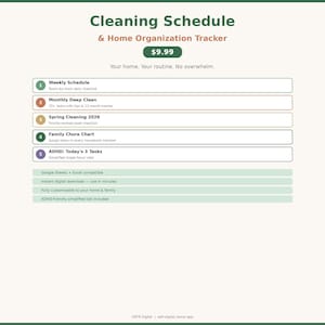 Może przedstawiać: Cyfrowy harmonogram sprzątania i narzędzie do organizacji domu zatytułowane "Cleaning Schedule & Home Organization Tracker". Zawiera sekcje dotyczące sprzątania tygodniowego, miesięcznego i wiosennego, wykresy zadań rodzinnych i zadań ADHD.