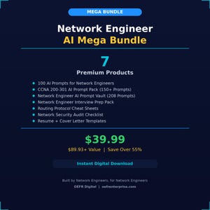 Puede incluir: Gráfico azul oscuro con el texto "MEGA BUNDLE" y "Network Engineer AI Mega Bundle". Enumera 7 productos premium, incluyendo indicaciones de IA y plantillas de currículum. El precio es de 36,50€.