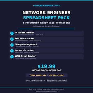 Könnte beinhalten: Dunkelblaue Grafik zum digitalen Download für Netzwerkingenieure. Die Grafik enthält den Text "Network Engineer Spreadsheet Pack" und listet fünf Excel-Arbeitsmappen auf: IP Subnet Planner, BGP Route Tracker, Change Management, Network Inventory und WAN Circuit Tracker.